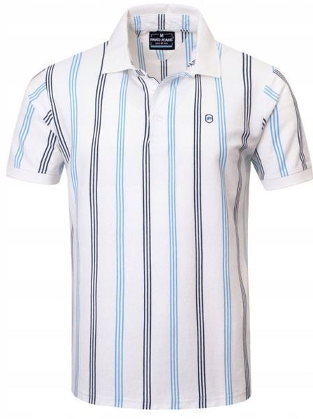 Męska Koszulka Polo - Pako Jeans - Biała w Prążki. Niebieskie koszulki polo męskie Pako Jeans, l, bez wzorów, z bawełny, bez ramiączek. Za 129.00 zł.