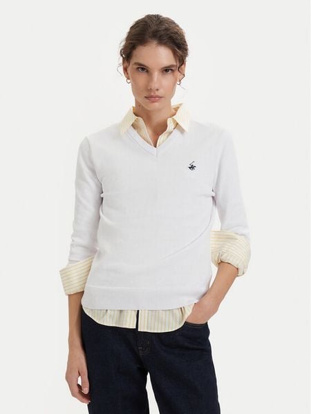 Beverly Hills Polo Club Sweter P-SS26W-M536563 Biały Regular Fit. Białe swetry klasyczne damskie Beverly Hills Polo Club, l, z bawełny, bez kołnierzyka. Za 269.99 zł.