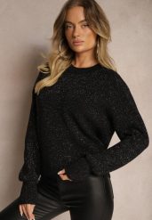 Czarny Sweter z Wiskozą Ozdobiony Metaliczną Nicią Lialicia. Czarne swetry klasyczne damskie Renee, na zimę, z wiskozy, bez kołnierzyka. Za 59.99 zł.