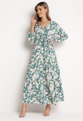 Zielona Sukienka Naerippe. Zielone sukienki damskie Born2be, l, bez wzorów, z materiału, bez kołnierzyka, bez ramiączek, maxi, kopertowe. Za 119.99 zł.