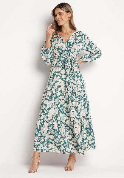 Zielona Sukienka Naerippe. Zielone sukienki damskie Born2be, l, bez wzorów, z materiału, bez kołnierzyka, bez ramiączek, maxi, kopertowe. Za 109.99 zł.