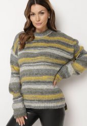 Szaro-Zielony Sweter w Poziome Paski Rortia. Szare swetry klasyczne damskie Born2be, na zimę, m, bez kołnierzyka. Za 119.99 zł.