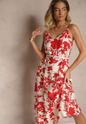 Czerwona Sukienka z Wiskozą o Rozkloszowanym Kroju w Kwiaty Thirimi. Czerwone sukienki damskie Renee, na co dzień, l, bez wzorów, z wiskozy, eleganckie, bez kołnierzyka, bez ramiączek, maxi, rozkloszowane. W wyprzedaży za 52.49 zł.