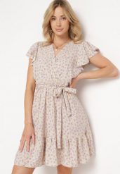 Beżowa Sukienka w Kwiatki z Gumką w Pasie i Materiałowym Paskiem Ozdobiona Falbanką Monnesa. Brązowe sukienki damskie Born2be, l, bez wzorów, z bawełny, eleganckie, bez kołnierzyka, bez ramiączek, mini. Za 39.99 zł.