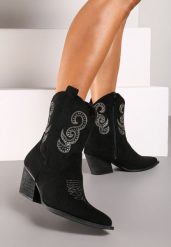Czarne Botki na Stożku w Stylu Kowbojek Ozdobione Cyrkoniami Ansitha. Czarne botki damskie Renee, z jeansu, boho, bez obcasa, na obcasie, bez zapięcia. Za 149.99 zł.