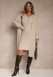 Beżowy Dzianinowy Komplet z Wełną Prążkowana Sukienka i Długi Kardigan Falonessa. Brązowe sukienki damskie Renee, bez wzorów, z dzianiny, eleganckie, bez kołnierzyka, bez ramiączek, maxi, dopasowane. Za 159.99 zł.