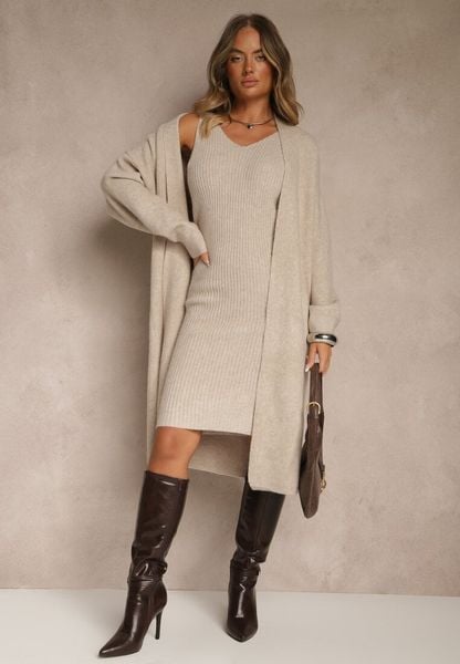 Beżowy Dzianinowy Komplet z Wełną Prążkowana Sukienka i Długi Kardigan Falonessa. Brązowe sukienki damskie Renee, bez wzorów, z dzianiny, eleganckie, bez kołnierzyka, bez ramiączek, maxi, dopasowane. Za 159.99 zł.
