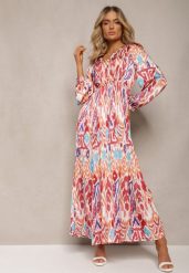 Bordowa Rozkloszowana Sukienka z Elastyczną Gumką w Talii w Stylu Boho Mizza. Czerwone sukienki damskie Renee, l, bez wzorów, z materiału, boho, bez kołnierzyka, bez ramiączek, maxi, rozkloszowane. W wyprzedaży za 143.99 zł.