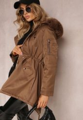 Brązowa Kurtka Parka z Kapturem i Ozdobnym Futerkiem Dioneta. Brązowe kurtki damskie Renee, na zimę, l, bez wzorów, z materiału. Za 209.99 zł.