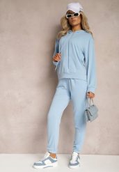 Jasnoniebieski Klasyczny Komplet Dresowy z Bluzą Kangurką i Spodniami Typu Jogger Salevia. Niebieskie bluzy bez kaptura damskie Renee, m, z dresówki. Za 74.99 zł.