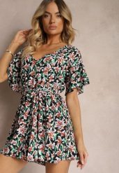 Czarno-Zielony Kombinezon z Dekoltem w Serek z Gumką w Talii i Materiałowym Paskiem Tessanda. Czarne kombinezony damskie Renee, l, bez wzorów, z materiału, eleganckie, bez kołnierzyka, bez ramiączek. Za 39.99 zł.