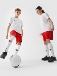 4F T-shirt z nadrukiem dziecięcy 4F x Robert Lewandowski - biały 164 (13-14 lat). Białe koszulki dziewczęce 4f, m, bez wzorów, z bawełny, bez ramiączek. W wyprzedaży za 49.99 zł.