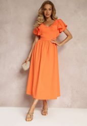 Pomarańczowa Taliowana Sukienka Maxi z Falbanami Giftis. Brązowe sukienki damskie Renee, na imprezę, l, z aplikacjami, bez kołnierzyka, bez ramiączek, maxi. W wyprzedaży za 111.99 zł.