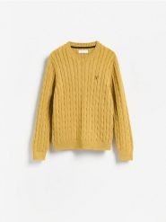 Sweter z haftem - musztardowy. Swetry męskie Reserved, l, bez wzorów, z bawełny, bez kołnierzyka. Za 149.99 zł.