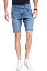 SPODENKI WRANGLER 5 POCKET SHORT WORN BLUE W14CKN079 112126600. Niebieskie szorty męskie Wrangler, z jeansu, bez kołnierzyka. Za 169.99 zł.