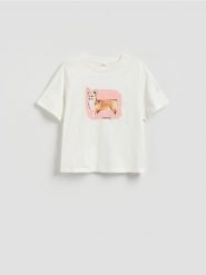 T-shirt z nadrukiem - złamana biel. T-shirty damskie Reserved, l, bez wzorów, z bawełny, bez kołnierzyka. Za 59.99 zł.