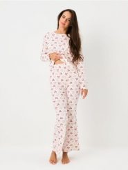 Prążkowana piżama dwuczęściowa w kokardki - kremowy. Białe piżamy damskie Sinsay, l, bez wzorów, prążkowane, bez ramiączek. W wyprzedaży za 35.99 zł.