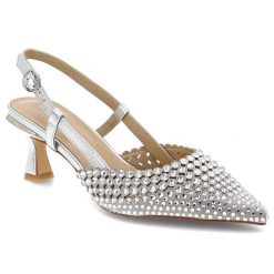 Czółenka damskie Alma En Pena, skóra naturalna ażurowa cholewka ozdobne kryształki pasek z regulacją smukły nosek elegancki obcas, srebrne, V261855. Szare czółenka damskie Alma En Pena, w ażurowe wzory, ze skóry, bez obcasa, na obcasie. Za 599.00 zł.