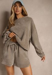 Ciemnobeżowy Basicowy Komplet Szorty i Bluza Novirissa. Brązowe bluzy bez kaptura damskie Renee. Za 159.99 zł.