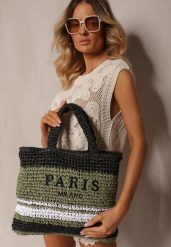 Zielono-Czarna Pleciona Torebka w Stylu Boho Ozdobiona Napisem Oegelia. Zielone torebki klasyczne damskie Renee, bez wzorów, z materiału, bez dodatków. Za 79.99 zł.