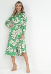 Zielona Koszulowa Sukienka na Guziki w Kwiaty Mivy. Zielone sukienki damskie Born2be, l, bez wzorów, z materiału, bez kołnierzyka, bez ramiączek, midi, koszulowe. W wyprzedaży za 159.99 zł.