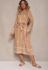 Beżowa Pudełkowa Sukienka Boho w Etniczne Wzory z Paskiem Lisalenea. Brązowe sukienki damskie Renee, na co dzień, na lato, s, bez wzorów, boho, bez kołnierzyka, bez ramiączek, midi. W wyprzedaży za 76.99 zł.