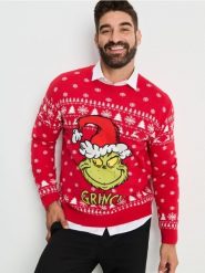 Sweter ze świątecznym motywem Grinch - czerwony. Czerwone swetry męskie Sinsay, l, bez wzorów, bez kołnierzyka. Za 79.99 zł.