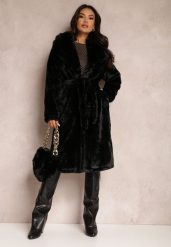 Czarny Płaszcz Futrzany Teddy z Wiązanym Paskiem i Torebką Voda. Czarne płaszcze damskie Renee, l, bez wzorów, z futra, eleganckie. Za 369.99 zł.
