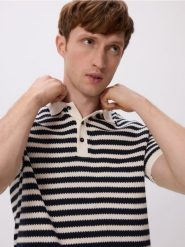 Koszulka polo w paski - granatowy. Niebieskie koszulki polo męskie Reserved, l, bez wzorów, z bawełny, bez ramiączek. Za 119.99 zł.
