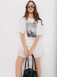 Bawełniana koszulka z krótkim rękawem z motywem kota - biały. Białe t-shirty damskie Sinsay, l, bez wzorów, z bawełny, bez kołnierzyka. Za 25.99 zł.