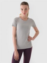 4F Koszulka do biegania regular damska - szara XS/S. Szare bluzki sportowe damskie 4f, s, bez wzorów, z dzianiny, bez ramiączek. W wyprzedaży za 49.99 zł.