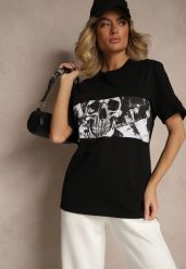 Czarna Bawełniana Koszulka T-shirt z Nadrukiem Czaszki Lanavira. Czarne bluzki damskie Renee, l, bez wzorów, z bawełny, biznesowe, bez kołnierzyka, bez ramiączek. Za 34.99 zł.