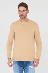 TOMMY JEANS Beżowy sweter. Brązowe swetry męskie Tommy Jeans, l, bez wzorów, z jeansu, bez kołnierzyka. W wyprzedaży za 284.99 zł.