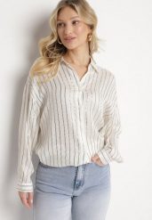 Biała Koszula Oversize z Lnu i Wiskozy Zdobiona Metalicznymi Paskami Ulienna. Białe koszule damskie Born2be, z aplikacjami, z jeansu, eleganckie, bez kołnierzyka, bez ramiączek. Za 84.99 zł.