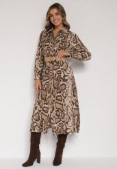 Brązowa Sukienka Koszulowa z Wiskozą Zdobiona Paskiem i Wzorem w Węża Delane. Brązowe sukienki damskie Born2be, do pracy, l, z aplikacjami, z materiału, biznesowe, bez kołnierzyka, bez ramiączek, midi, koszulowe. Za 129.99 zł.