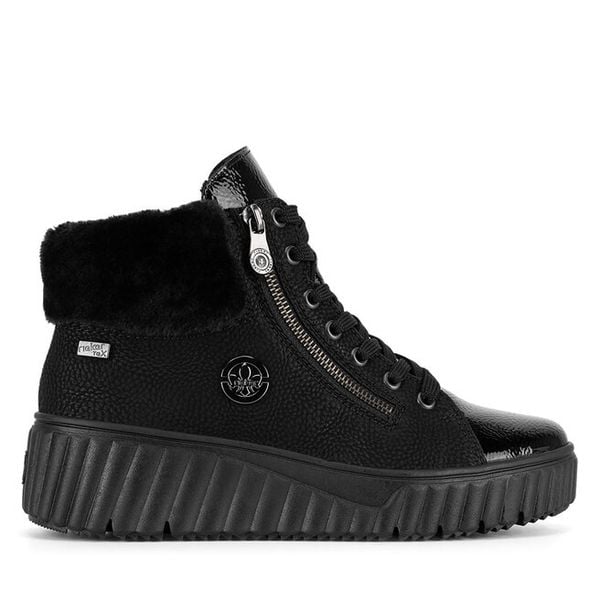 Trzewiki Rieker. Czarne botki damskie Rieker, bez obcasa, na koturnie, bez zapięcia. Za 311.99 zł.