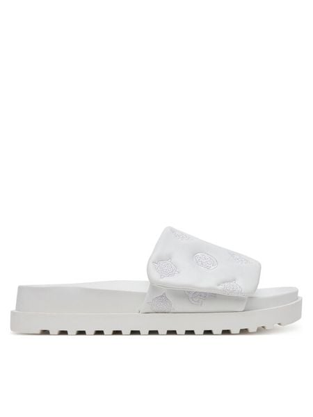 Guess Klapki FLJFA2ELE19 Biały. Białe klapki damskie Guess, z aplikacjami, ze skóry, bez obcasa. Za 289.99 zł.
