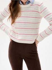 Ażurowy sweter w paski - kremowy. Białe swetry klasyczne damskie Sinsay, l, bez kołnierzyka. Za 39.99 zł.