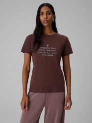 4F T-shirt regular z nadrukiem damski - brązowy XS. Brązowe t-shirty damskie 4f, m, bez wzorów, z bawełny, bez kołnierzyka. Za 69.99 zł.