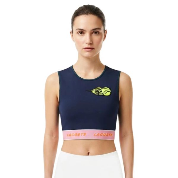 Top sportowy Lacoste. Niebieskie topy sportowe damskie Lacoste, m, z aplikacjami, z materiału, bez ramiączek. Za 667.00 zł.
