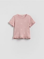Bawełniany t-shirt z nadrukiem - pastelowy róż. Czerwone koszulki dziewczęce Reserved, m, bez wzorów, z bawełny, bez ramiączek. Za 35.99 zł.