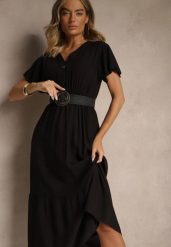 Czarna Rozkloszowana Sukienka z Bawełny Zdobiona Guzikami Folennea. Czarne sukienki damskie Renee, na co dzień, l, z aplikacjami, z bawełny, eleganckie, bez kołnierzyka, bez ramiączek, midi, rozkloszowane. W wyprzedaży za 59.49 zł.