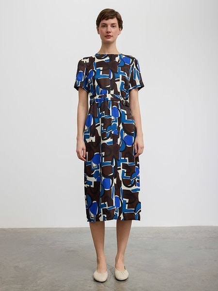 BGN Sukienka w kolorze niebiesko-kremowo-brązowym rozmiar: 40. Niebieskie sukienki damskie BGN, na imprezę, bez wzorów, bez kołnierzyka, bez ramiączek, midi. Za 159.21 zł.