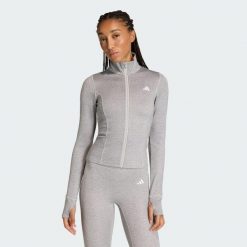 Bluza do ćwiczeń Essentials Heather z suwakiem na całej długości. Szare bluzy bez kaptura damskie Adidas, l, z dzianiny. Za 239.00 zł.