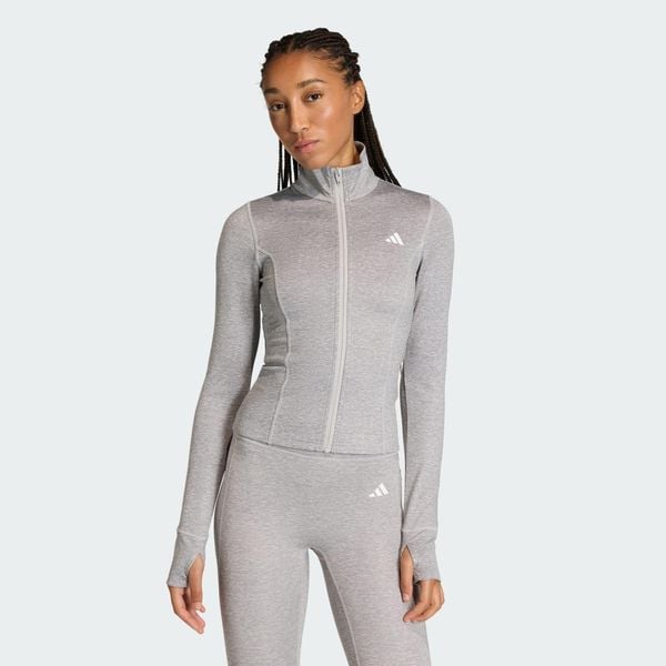 Bluza do ćwiczeń Essentials Heather z suwakiem na całej długości. Szare bluzy bez kaptura damskie Adidas, l, z dzianiny. Za 239.00 zł.