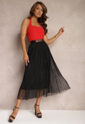 Czarna Rozkloszowana Spódnica z Tiulu Wykończona Gumką w Pasie Risshara. Czarne spódniczki damskie Renee, l, bez wzorów, z tiulu, eleganckie, midi, dopasowane. Za 49.99 zł.
