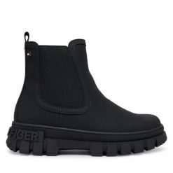 Botki Tommy Hilfiger. Czarne botki damskie Tommy Hilfiger, bez obcasa, na płaskiej podeszwie, bez zapięcia. Za 389.99 zł.