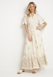 Beżowa Wiskozowa Sukienka Boho o Rozkloszowanym Kroju z Haftem i Wiązaniem Lilvanis. Brązowe sukienki damskie Born2be, na co dzień, l, bez wzorów, z jeansu, boho, bez kołnierzyka, bez ramiączek, maxi, rozkloszowane. W wyprzedaży za 143.99 zł.