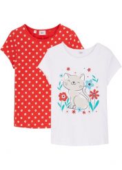 T-shirt z czystej bawełny organicznej (2 szt.). Czerwone koszulki dziewczęce bonprix, bez wzorów, z bawełny, bez ramiączek. Za 74.99 zł.