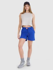 4F Spodenki casual damskie - niebieskie XL. Niebieskie szorty damskie 4f, bez wzorów, z dresówki, casualowe. W wyprzedaży za 79.99 zł.